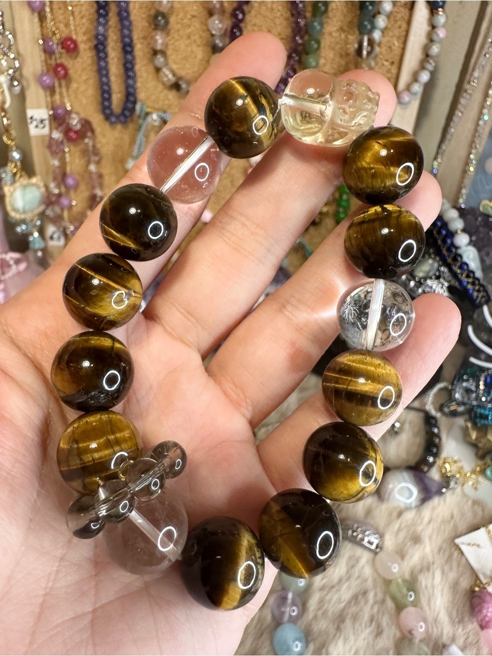 7 inch Tiger Eye Clear Quartz Beaded Stretch Bracelet  - 14.2mm 6.5mm
